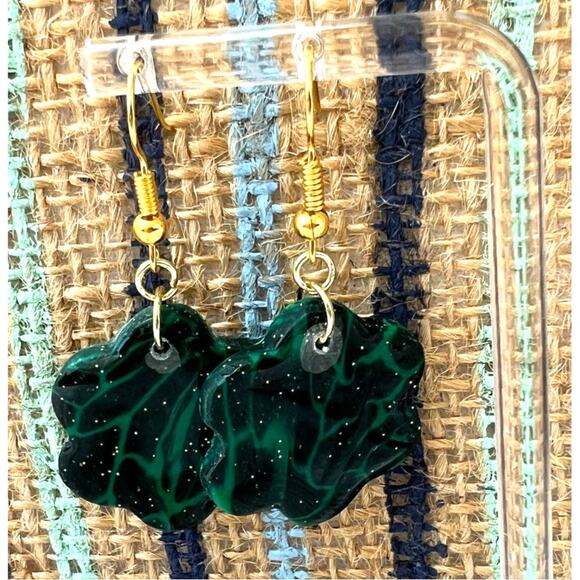 Artisan Green & Black Swirl Flower Dangle Earrings 1.75" Length - Picture 2 of 2